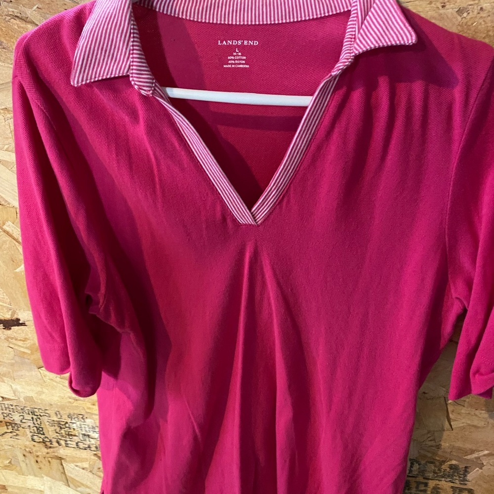 LANDS END WOMENS S/S POLO SHIRT OPEN COLLAR - PINK -L